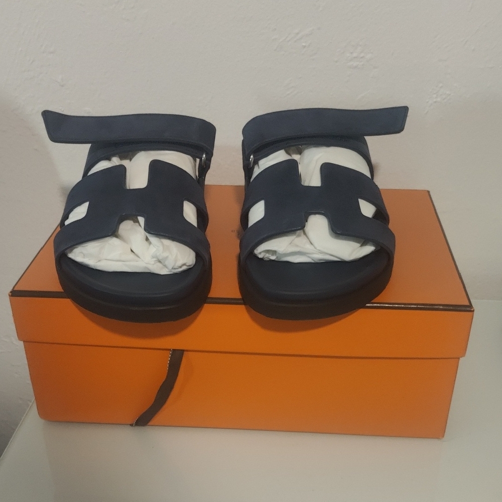 Hermes Navy Suede Chypre Sandal